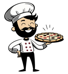 Chef Holding Pizza in Hand Cartoon. Flat Vector Illustration