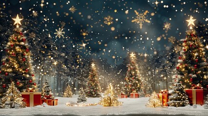 Enchanting forest scene with glowing christmas trees, starry snowflakes, and red gift boxes