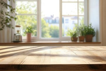 Fototapeta premium Wooden table top with copy space on blurred kitchen room interior and summer window background , ai