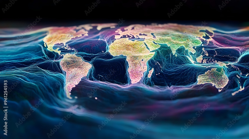 Poster holographic visualization of a world map displaying ocean currents and global wind patterns showcasi