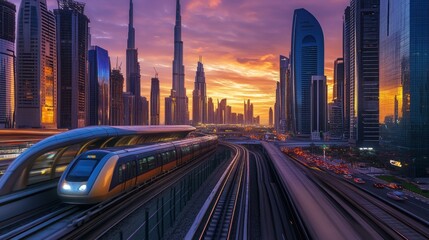 Fototapeta premium A train is traveling down a track in a city with a beautiful sunset in the background