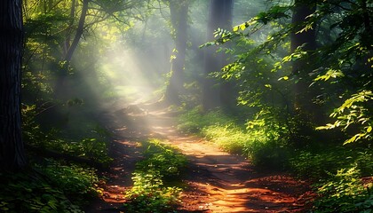 Obraz premium Morning in the autumn forest with sunbeams