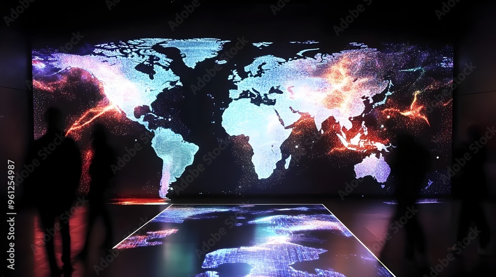 Poster holographic world map visualization depicting population density across different regions and contin