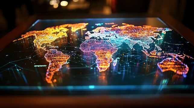 Holographic world map depicting population density across different regions and continents  Futuristic digital data visualization with a minimalist modern design