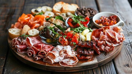 Antipasto platter with salami, prosciutto, olives and mozzarella on wooden background