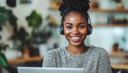 Remote customer service representative with a warm smile, using a laptop, wearing a headset, organized and modern home office, professional and friendly, bright and clean space