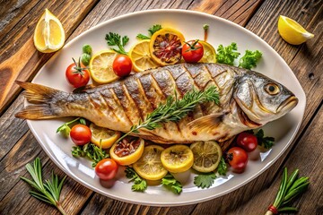 Aerial view of delicious grilled fish in elegant restaurant setting