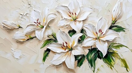 A vibrant painting of white lilies with green leaves on a textured background.