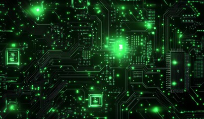 Fototapeta premium Abstract glowing green digital circuitry and futuristic techno design
