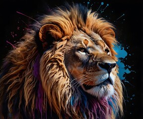 Mighty beautiful male lion portrait with colorful background on a solid black surface, animal...