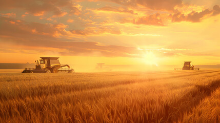 Fototapeta premium Group of harvesters harvesting ripe wheat field in autumn with sunset. Concept of agriculture, agronomy and crop collection.