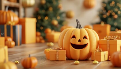 Festive Halloween Scene with Jack-O-Lantern and Gift Boxes on Orange Background