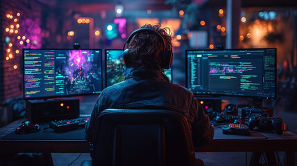 A programmer coding a video game in a dimly lit room, multiple screens displaying game development software and colorful pixel art,