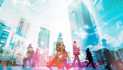 People walking in the city and digital marketing elements, such as graphs or social media icons, business scenes, wide-angle image ideal for marketing and advertisements