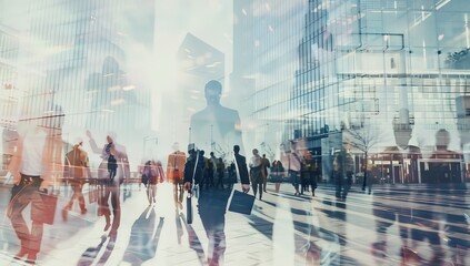 Obraz premium People walking in the city and digital marketing elements, such as graphs or social media icons, business scenes, wide-angle image ideal for marketing and advertisements