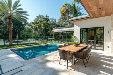 Fototapeta premium Outdoor Patio with Dining Table, Pool, and Tropical Foliage, Beige Wood Vinyl Walls, and Glass Fence at Miami Beach Home