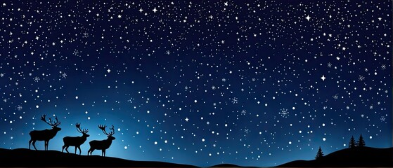 Naklejka premium Starry Night with Silhouetted Reindeer against a Clear, Winter Sky with Snowflakes and Twilight