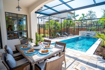 Outdoor Patio with Dining Table, Pool, and Tropical Foliage, Beige Wood Vinyl Walls, and Glass Fence at Miami Beach Home