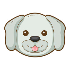 Dog head with gray fur, brown eyes, pink tongue, and a smiling expression