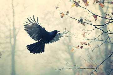 Fototapeta premium Beautiful black raven, crow in flight 