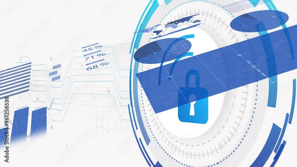 Poster lock and data charts animation over world map and digital interface