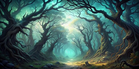 Aerial view of haunted twisted forest scene with trees illustrate Donzb