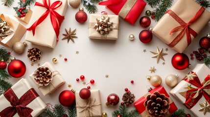 Stylish flat lay of christmas present surrounded by festive decorations on a white surface