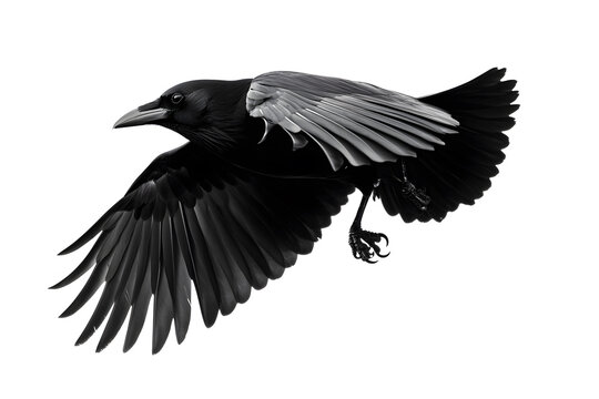 Beautiful black raven, crow in flight isolated on white background