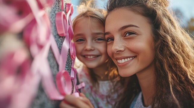 Mother and daughter placing pink ribbons on a community board, breast cancer awareness and family support symbolized through generations