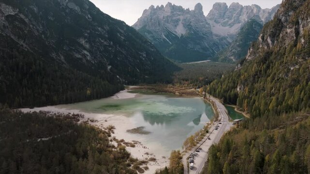 Aerial view of mountain peaks during sunrise in the Dolomites, Italy
