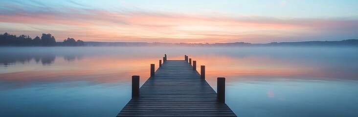 Fototapeta premium Serene Sunrise Over a Foggy Lake