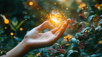 A hand holding a glowing flower in a green field