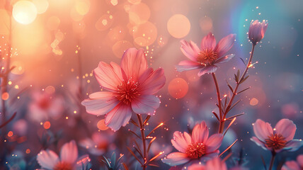 Fototapeta premium Magical flower field animation,pastel colors,animation,one flower on the foreground left, rainbow landscape on the background