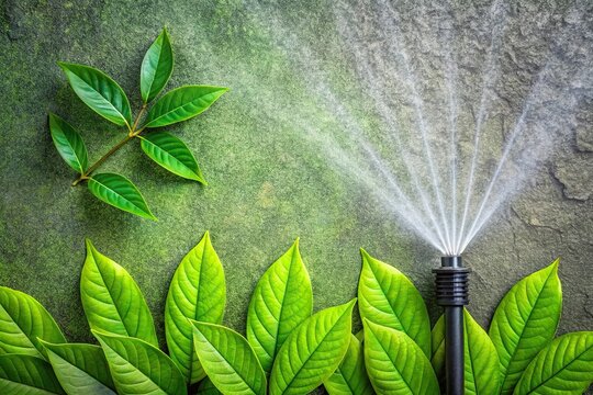 Aerial view of leaves with minimalist background and sprinkler, promoting water preservation and eco-friendly environment