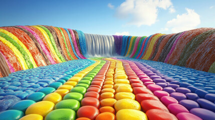 A rainbow pathway made of Skittles leading to a distant chocolate waterfall