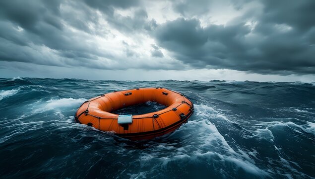 Life Raft Adrift in Stormy Ocean Waves Under Dark Clouds