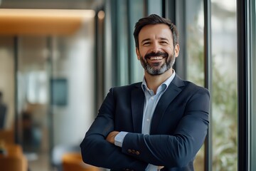 Fototapeta premium Confident Businessman Stands with Arms Crossed in Modern Office