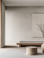 Fototapeta premium Modern minimalist interior with soft textures, wooden accents and minimal furniture. Japandi room interior design.