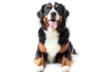 Happy Bernese mountain dog sitting on a white background and looking at the camera with its tongue out, ai