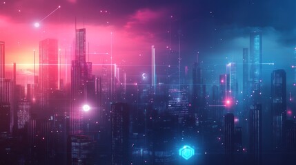 Obraz premium A computer generated image of a city with a blue sky and red and blue lights