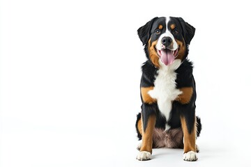Happy Bernese mountain dog sitting on a white background and looking at the camera with its tongue out, ai
