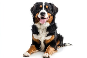 Happy Bernese mountain dog sitting on a white background and looking at the camera with its tongue out, ai