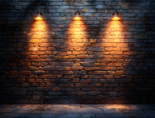 Fototapeta premium Artistic image of an old brick wall illuminated by three spotlights, creating a dramatic interplay of light and shadows. 
