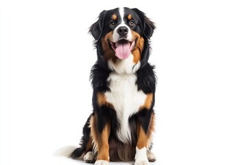 Happy Bernese mountain dog sitting on a white background and looking at the camera with its tongue out, ai