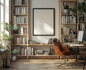This image showcases a contemporary home office setup with a warm ambiance, featuring an extensive bookshelf filled with an array of books.