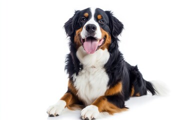 Happy Bernese mountain dog sitting on a white background and looking at the camera with its tongue out, ai