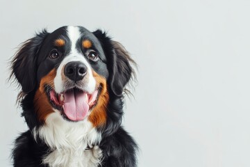 Happy Bernese mountain dog sitting on a white background and looking at the camera with its tongue out, ai