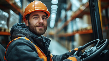 A friendly forklift operator in gray and orange safety gear drives through a busy, well-lit warehouse, emphasizing diligence and safety amidst stocked shelves.
