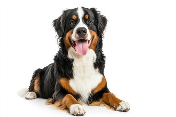 Happy Bernese mountain dog sitting on a white background and looking at the camera with its tongue out, ai