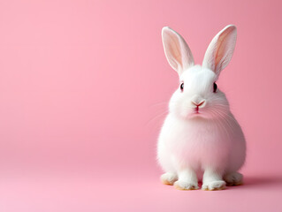 Obraz premium A charming white rabbit with vibrant eyes and soft fur stands alert on a subtle pink background.